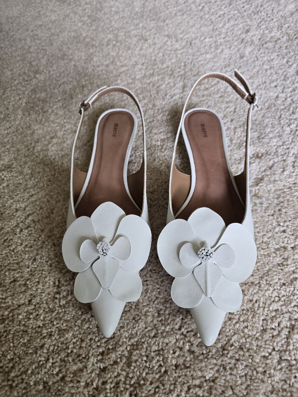 Anthropologie Maeve Floral Orchid Flower Slingback Heels Size 37 6.5 White Shoes
